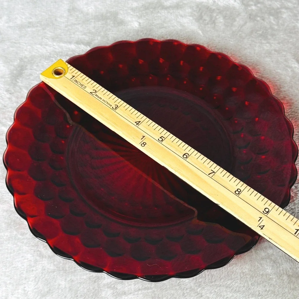 Anchor Hocking Ruby Red Glass Serving Bowl Plate Set Bubble Scalloped Vintage